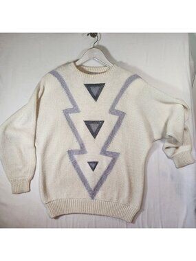 Vintage Franco Valeri 80s Cream Knit Sweater Snakeskin Leather Geometric Med